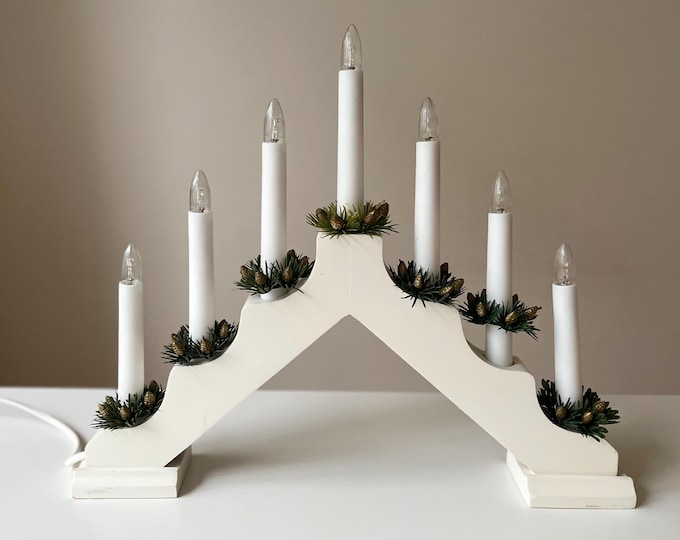 Electric White Advent Candelabra. Vintage Konstsmide 7-Light Scandinavian Christmas Candelabra, Original Box