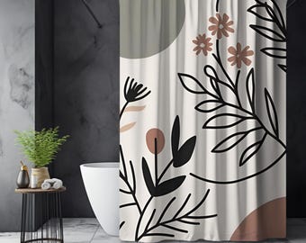 Earthy Boho Botanical Shower Curtain, Minimalist Sage Terracotta Beige Minimalist Botanical Shower, Botanical Lines & Shapes Shower Curtain