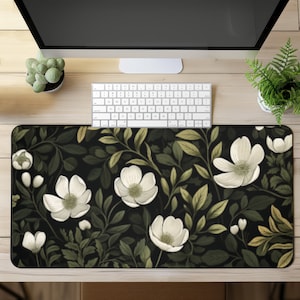 Vintage Botanical Cottagecore Desk Mat , Moody Cottagecore Aesthetic, Forest Green & Floral Design Desk Mat, Green Floral Desk Mat