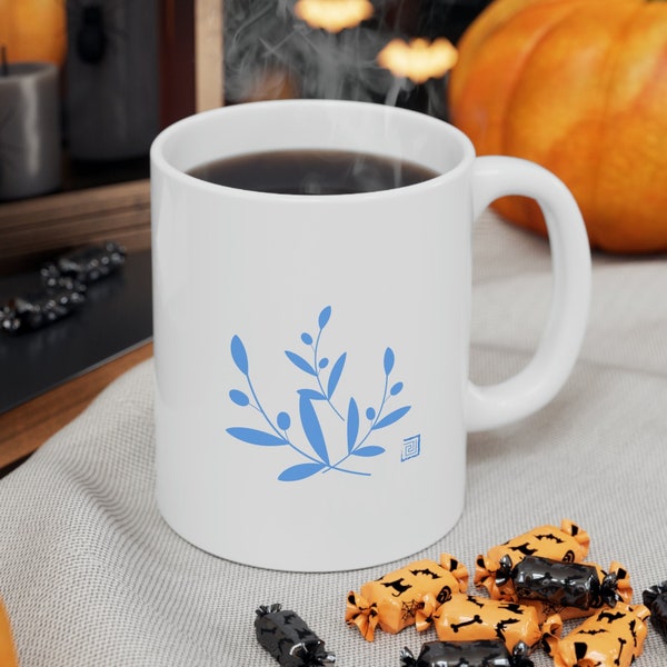 Leaf Coffee Mug, Zen Style Coffee Mug, Minimal Art Mug, Greek Inspired Mug, Greek Motif Blue Mug.11oz Ceramic Mug