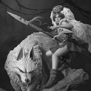 May include: A grayscale figurine of a young woman with a wolf. The woman is wearing a white and gray outfit with a wolf mask on her head. She is holding a spear and riding on the back of the wolf. The wolf is white and has a fierce expression.