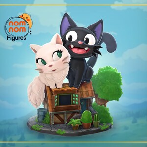 May include: A white cat with green eyes and a black cat with purple ears stand on a small wooden house with a green roof. The house has a window and a door. The cats are both smiling. The background is a blue sky with white clouds.