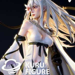 Puede incluir: Figura detallada de un personaje femenino con largo cabello blanco, una flor y un atuendo blanco y negro. La figura tiene una espada y es de Kuru Figure. La imagen incluye el texto "FEB 2024".