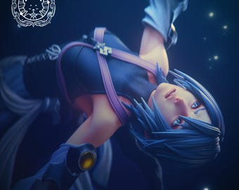 May include: A 3D model of Aqua from Kingdom Hearts, with blue hair and a blue and purple outfit. The figure is set against a dark blue background with the text "AQUA" and "KINGDOM HEARTS". The model is created by Kumakami Figures.