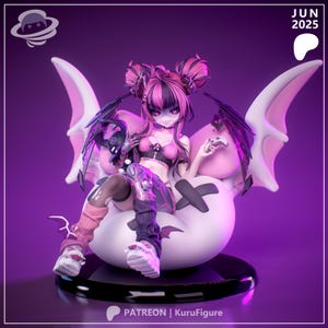 May include: A detailed figurine of a character with pink and black hair, seated on a white, bat-shaped cushion. The figure wears a pink and black outfit, with bat wings and a choker. The image includes the text "JUN 2025" and "PATREON | KuruFigure".