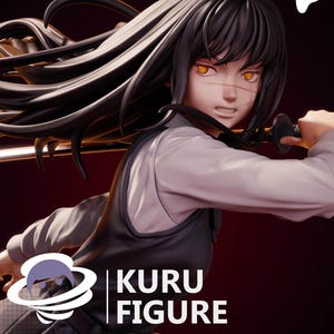 May include: A 3D printed figure of a female character with long black hair, wearing a white shirt and a black vest. She is holding a sword and has a determined expression on her face. The figure is set against a dark red background with the text "KURU FIGURE" and "PATREON | KuruFigure" visible.