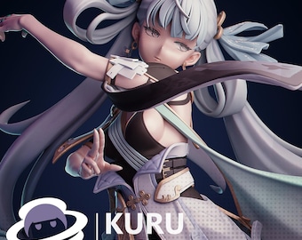 Puede incluir: Un modelo 3D de un personaje de anime femenino con cabello largo y azul que fluye. Lleva un atuendo blanco y negro con detalles dorados. El personaje sostiene una espada en su mano derecha y tiene una expresión seria en su rostro. La imagen está etiquetada como "KURU FIGURE" y "PATREON | KuruFigure".