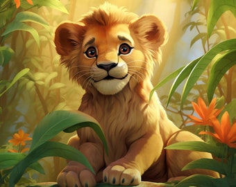 May include: A cute cartoon lion cub with brown eyes and a light brown coat sits on a branch in a jungle setting. The lion cub is looking at the viewer with a sweet expression.