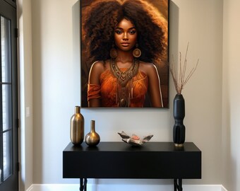 May include: A black console table with a gold vase and a painting of a woman with an afro hairstyle wearing a gold necklace and earrings. The painting is set against a warm, golden background.