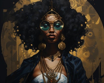 May include: A woman with dark curly hair wears large round green sunglasses and a gold crown. She is adorned with multiple gold necklaces and earrings. The background is a gold and black abstract design.