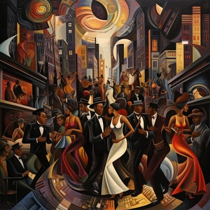 Harlem Rhythms V1: Lebhafter digitaler Kunstdruck, der den fröhlichen Geist der Renaissance-Partys feiert
