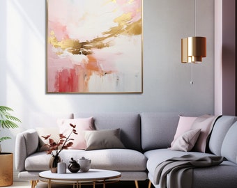 Gilded Blush : Impression d'art abstrait de luxe moderne en or, rose et blanc, art de téléchargement numérique