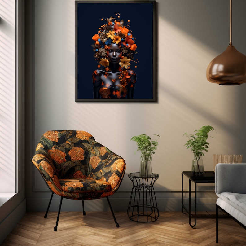 Peut inclure: Une impression encadr&eacute;e d'une femme avec une couronne de fleurs orange et bleues sur la t&ecirc;te. L'arri&egrave;re-plan est bleu fonc&eacute;. La femme porte une tenue noire.