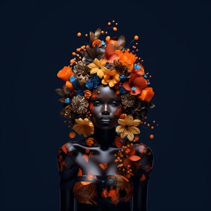African Beauty Blooms: Exquisite Digital Art Download featuring a Captivating Female Model with Floral Hair