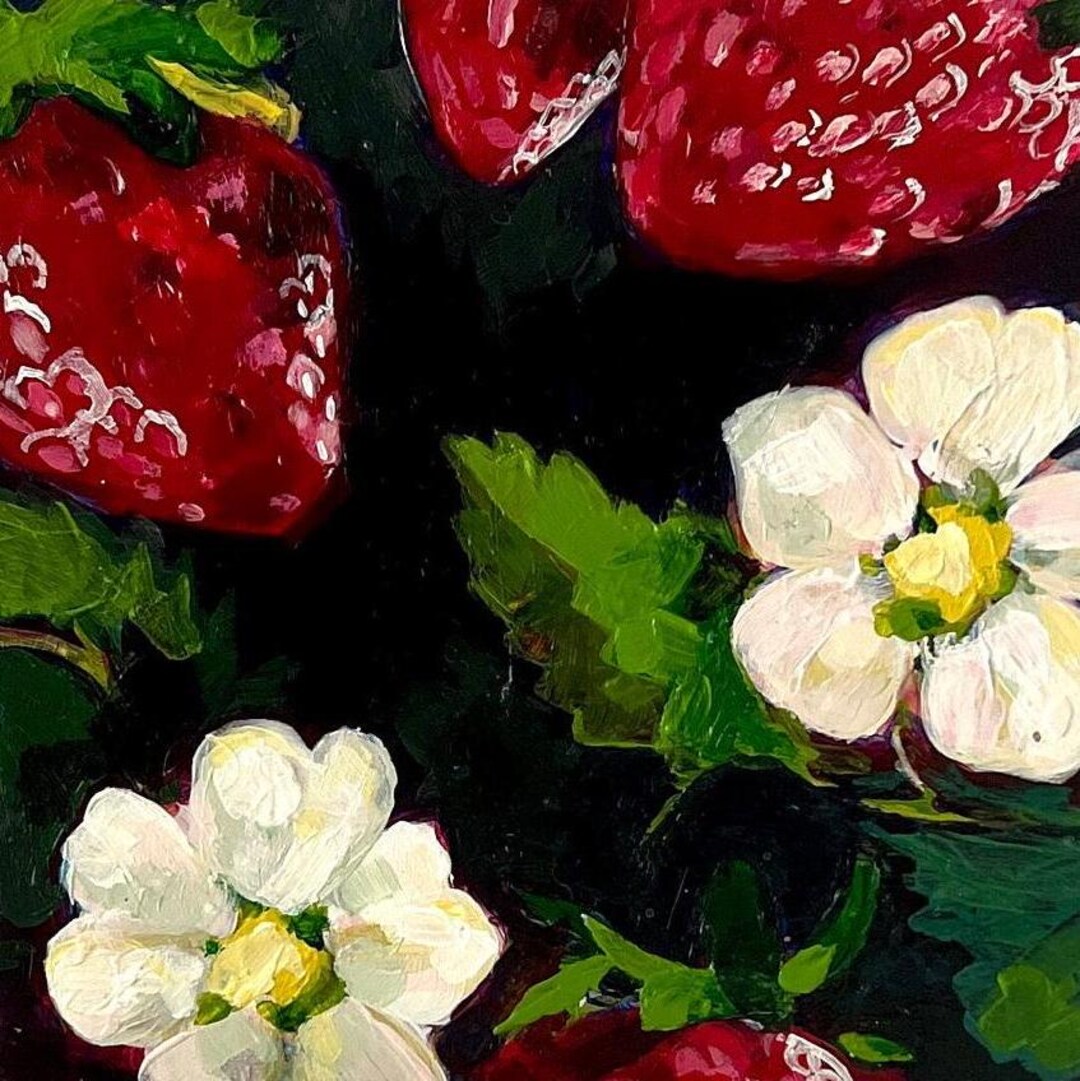 Strawberry Painting With Blossoms on a Black Background Strawberry ...