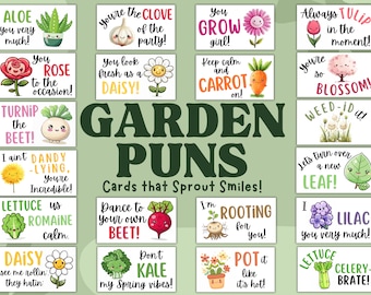 Aanmoedigingskaarten tuinwoordspeling afdrukbaar | Labels en zakkaarten lenteplant | 20 Punny-tuinkaarten pdf | Botanisch cadeau, positiviteitsnotities