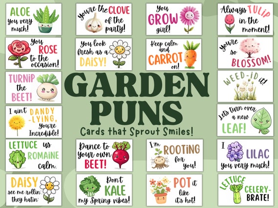 Garden Pun Encouragement Cards Printable | Spring Plant Tags & Pocket Cards | 20 Punny Garden Cards PDF | Botanical Gift, Positivity Notes