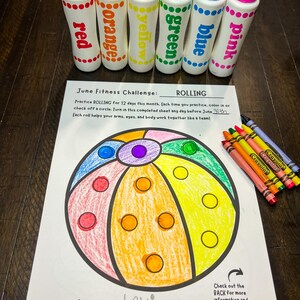 Summer dot marker printable for a fitness challenge of rolling a ball. This seasonal fitness challenge includes a beach ball dot marker coloring page for kids. Great activity for PE teachers, daycare centers, preschool teacher, kindergarten teacher, physical therapist, or homeschool activity to help children have fun with movement and exercise.