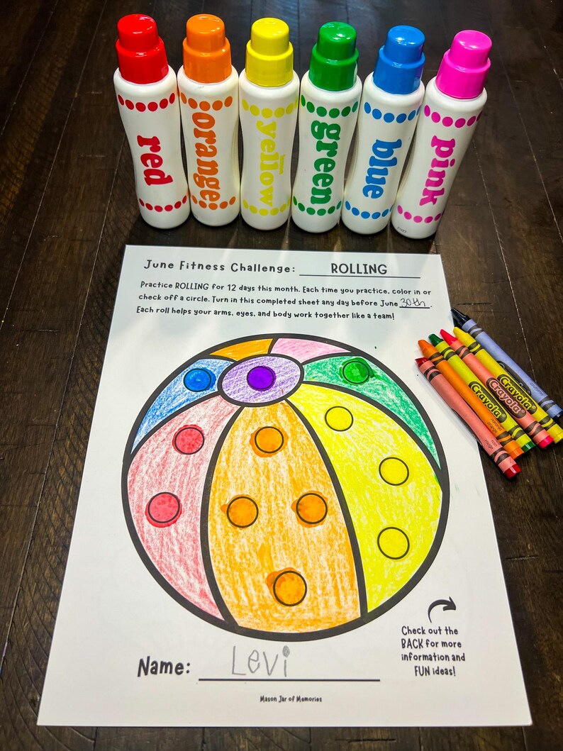 Summer dot marker printable for a fitness challenge of rolling a ball. This seasonal fitness challenge includes a beach ball dot marker coloring page for kids. Great activity for PE teachers, daycare centers, preschool teacher, kindergarten teacher, physical therapist, or homeschool activity to help children have fun with movement and exercise.
