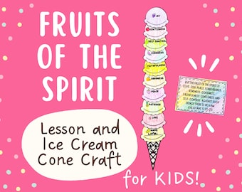 Puede incluir: Una ilustración colorida de un cono de helado con los frutos del espíritu escritos en cada bola. Las palabras en las bolas son: Alegría, Mansedumbre, Dominio propio, Bondad, Fidelidad, Benignidad, Paz, Paciencia, Amor y Nombra todo. El texto "FRUTOS DEL ESPÍRITU" está en la parte superior de la imagen. El texto "Lección y manualidad de cono de helado para NIÑOS!" está en la parte inferior de la imagen. El texto "PERO EL FRUTO DEL ESPÍRITU ES AMOR, GOZO, PAZ, PACIENCIA, BENIGNIDAD, BONDAD, FIDELIDAD, MANSEDUMBRE Y TEMPELANZA. CONTRA ESTAS COSAS NO HAY LEY. GÁLATAS 5:22-23" está en un cuadro blanco en el lado derecho de la imagen.