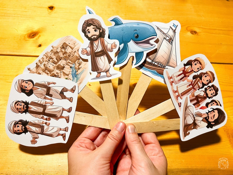 Jonah and the Big Fish popsicle Stick Puppets for acting out the Bible Story of Jonah.