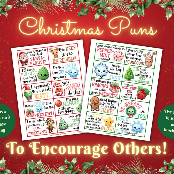 Christmas Puns, Punny Puns, Encouragement Cards, Morale Booster, Holiday Cheer, Christmas Lunch Notes, Encouraging Words for Coworkers