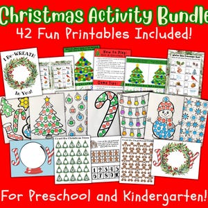 May include: A collection of 42 printable Christmas activity sheets for preschool and kindergarten. The sheets feature a variety of activities, including counting, matching, and colouring. The activities are all themed around Christmas and feature images of Christmas trees, baubles, candy canes, snowmen, and gingerbread men.