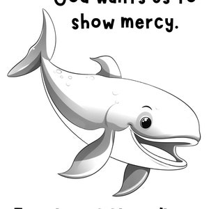 Jonah and the Whale Coloring Page with text that reads God wants us to show mercy.