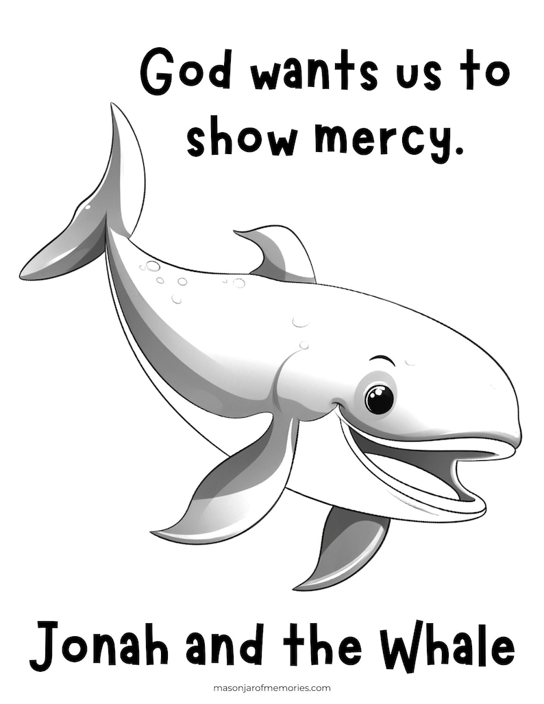 Jonah and the Whale Coloring Page with text that reads God wants us to show mercy.
