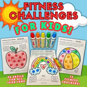 May include: A colorful illustration promoting fitness challenges for kids. The image features the text "FITNESS CHALLENGES FOR KIDS!" and includes activity sheets with drawings of an apple, rainbow, and beach ball. Markers and crayons are also visible.
