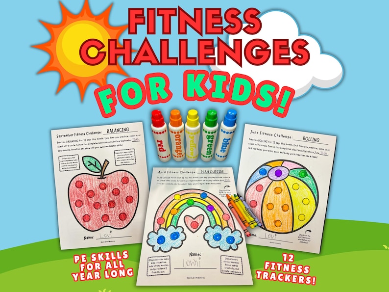 Preschool PE Printables for gross motor skills for kids. Included in these PE printables bundle are monthly fitness challenges for kids that are also seasonal printables. The PE skills that are worked on for the fitness challenges are balancing, skipping, galloping, running, jumping, throwing, catching, dribbling, bouncing, and outdoor play. Each seasonal fit kids printables includes a health newsletter for each PE standard that covers health benefits and fun, creative ways to practice at home.