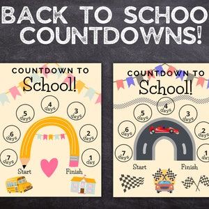 May include: Two printable back to school countdown charts. The first chart features a yellow pencil with a rainbow and a school bus. The second chart features a red race car on a racetrack. Both charts have numbers 1 through 7 with the word "days" next to each number.