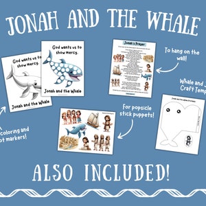 Jonah and the Whale Sunday School Lesson includes a whale coloring page and a whale dot marker worksheets, popsicle stick puppet printable including the characters from the Book of the Bible of Jonah. Jonah's Prayer and whale template.