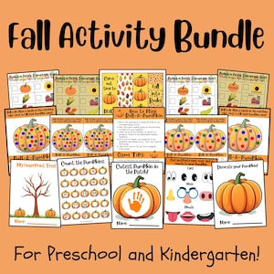 May include: A set of printable fall-themed activity sheets for preschool and kindergarten. The sheets feature pumpkins, leaves, and other fall imagery. The activities include counting, matching, and decorating.