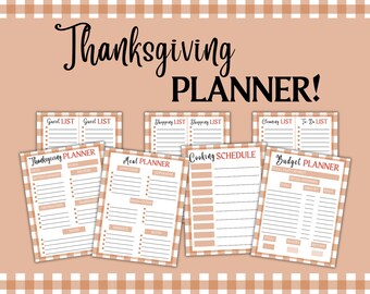 May include: Printable Thanksgiving planner with checklists for guest list, shopping list, meal planning, cooking schedule, cleaning, to-do list, and budget. The planner has a brown and white gingham pattern.