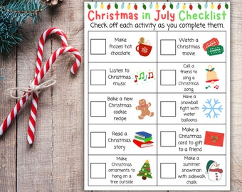 May include: A printable Christmas in July checklist with 9 activities to complete.  Each activity is represented by a checkbox and an illustration.  The activities include making frozen hot chocolate, listening to Christmas music, baking a Christmas cookie, reading a Christmas story, making Christmas ornaments, watching a Christmas movie, calling a friend to sing a Christmas song, having a snowball fight with water balloons, and making a Christmas card to gift to a friend.