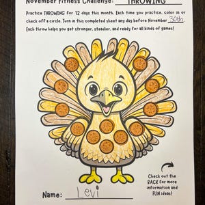 November Preschool Fitness Challenge Printable – Thanksgiving turkey throwing activity worksheet for kids. Fun gross motor skill tracker for preschool, daycare, homeschool PE, and physical therapy promoting strength, coordination, and movement.