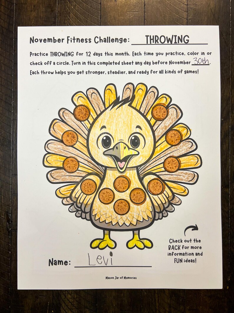 November Preschool Fitness Challenge Printable – Thanksgiving turkey throwing activity worksheet for kids. Fun gross motor skill tracker for preschool, daycare, homeschool PE, and physical therapy promoting strength, coordination, and movement.