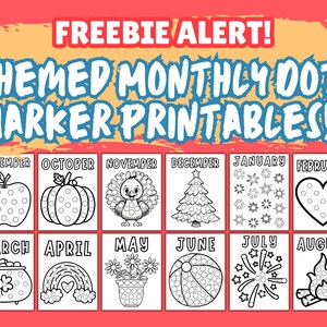 Themed monthly dot marker printables for all year long for kids. Seasonal coloring pages for every month of the year. Seasonal dot marker worksheets such as an apple, pumpkin, turkey, Christmas tree, snowflakes, heart, pot of gold for St. Patricks Day, rainbow, flowers, beachball, fireworks, and camp fire. Children can use dot markers or dabbers, crayons, markers, dot stickers, stickers, glitter. Each worksheet as includes the month for toddlers, preschool, kindergarten, homeschool, or daycare.