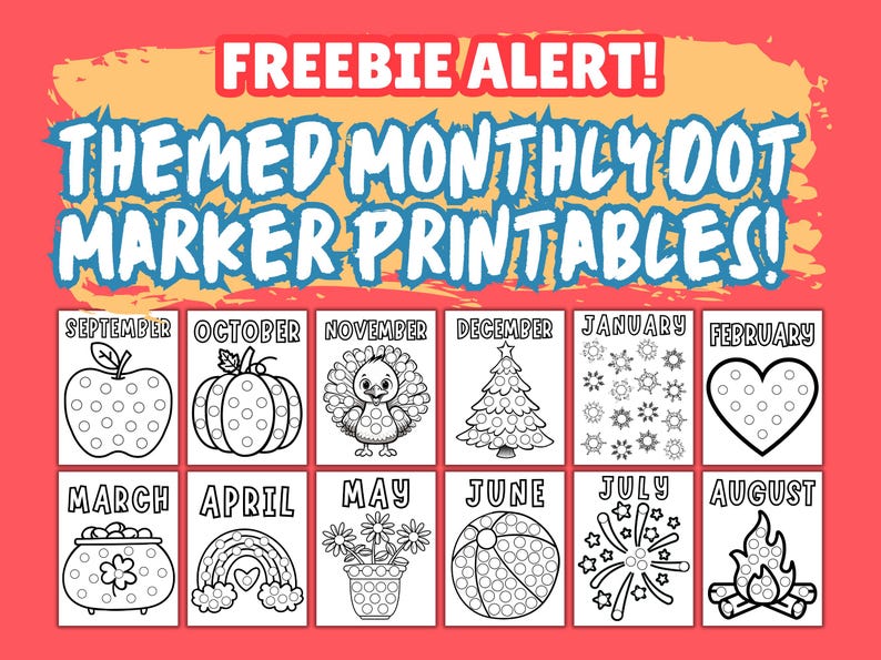 Themed monthly dot marker printables for all year long for kids. Seasonal coloring pages for every month of the year. Seasonal dot marker worksheets such as an apple, pumpkin, turkey, Christmas tree, snowflakes, heart, pot of gold for St. Patricks Day, rainbow, flowers, beachball, fireworks, and camp fire. Children can use dot markers or dabbers, crayons, markers, dot stickers, stickers, glitter. Each worksheet as includes the month for toddlers, preschool, kindergarten, homeschool, or daycare.