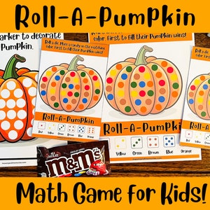 May include: Roll-A-Pumpkin is a maths game for kids. The game includes four pumpkin-shaped game boards with different coloured dots, dice, and a bag of M&Ms candies. Players roll the dice and place a candy on the matching colour dot on their pumpkin board. The first player to fill their pumpkin wins.