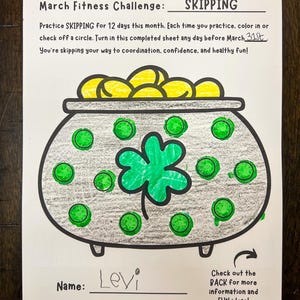 March Preschool Fitness Challenge Printable – St. Patrick’s Day skipping activity for kids featuring a pot of gold and shamrock coloring page. Fun gross motor skill tracker for preschool, daycare, homeschool PE, and physical therapy.