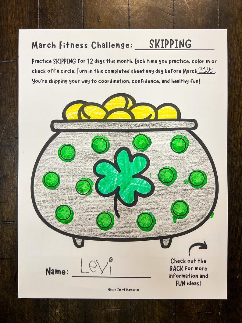March Preschool Fitness Challenge Printable – St. Patrick’s Day skipping activity for kids featuring a pot of gold and shamrock coloring page. Fun gross motor skill tracker for preschool, daycare, homeschool PE, and physical therapy.