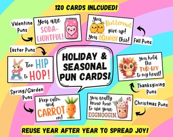 Punny Holiday Encouragement Cards Printable, Seasonal Pun Card Bundle, 120 Encouragement & Lunchbox Notes PDF, Year-Round Positivity Cards