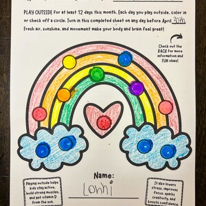 April Preschool Fitness Challenge Printable – Play Outside rainbow activity sheet for kids, featuring colorful dot markers and crayons. Gross motor skills worksheet for preschool, daycare, homeschool PE, and physical therapy promoting outdoor play, movement, and creativity.