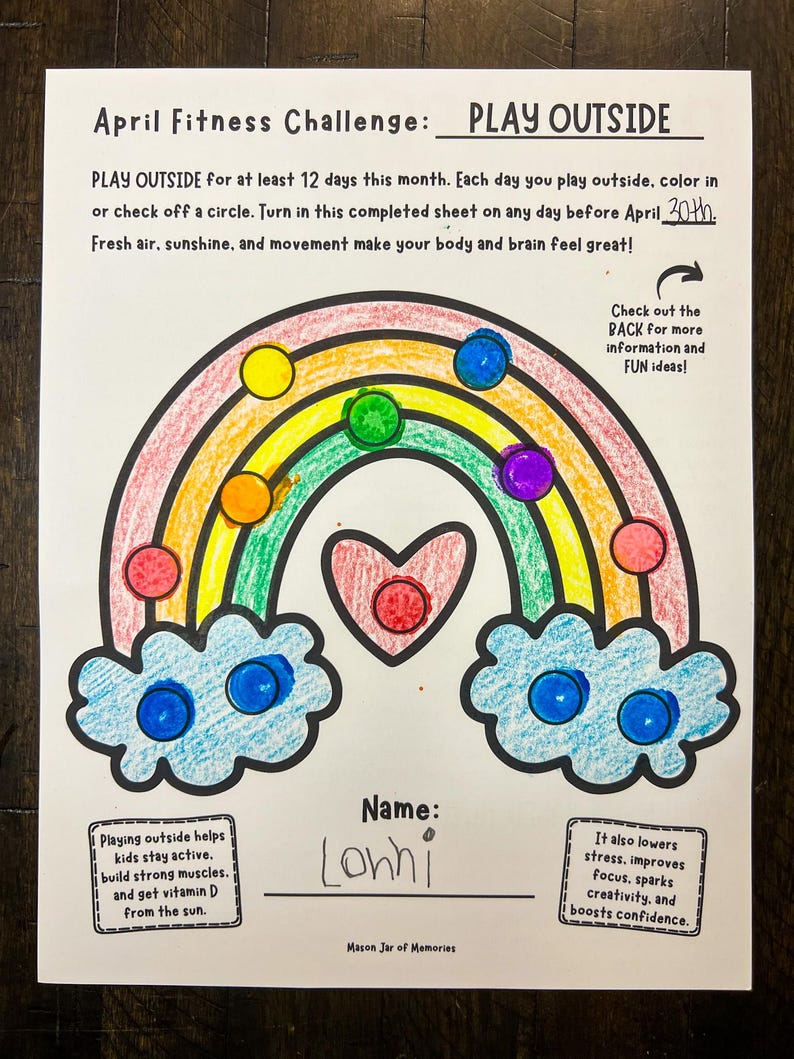 April Preschool Fitness Challenge Printable – Play Outside rainbow activity sheet for kids, featuring colorful dot markers and crayons. Gross motor skills worksheet for preschool, daycare, homeschool PE, and physical therapy promoting outdoor play, movement, and creativity.