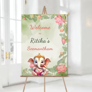 Indische Baby Shower Willkommensschild Seemantham Welcome Board Godh Bharai Valaikappu Poster Ganesha Pink Bearbeitbare Digitale Vorlage Hinduzeremonie