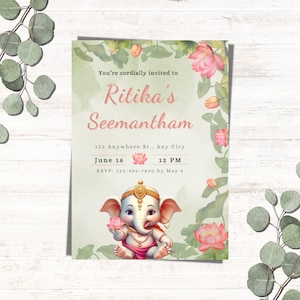 Indiase babyshower uitnodiging Semantham telefoon uitnodigen groen roze lotus bewerkbare digitale sjabloon Baby Ganesha Hindu Godh Bharai Valaikappu