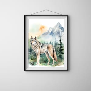 May include: Watercolor painting of a wolf standing in a forest with a mountain in the background. The wolf is gray and brown with a white chest. The forest is green and the mountain is white with a blue sky.