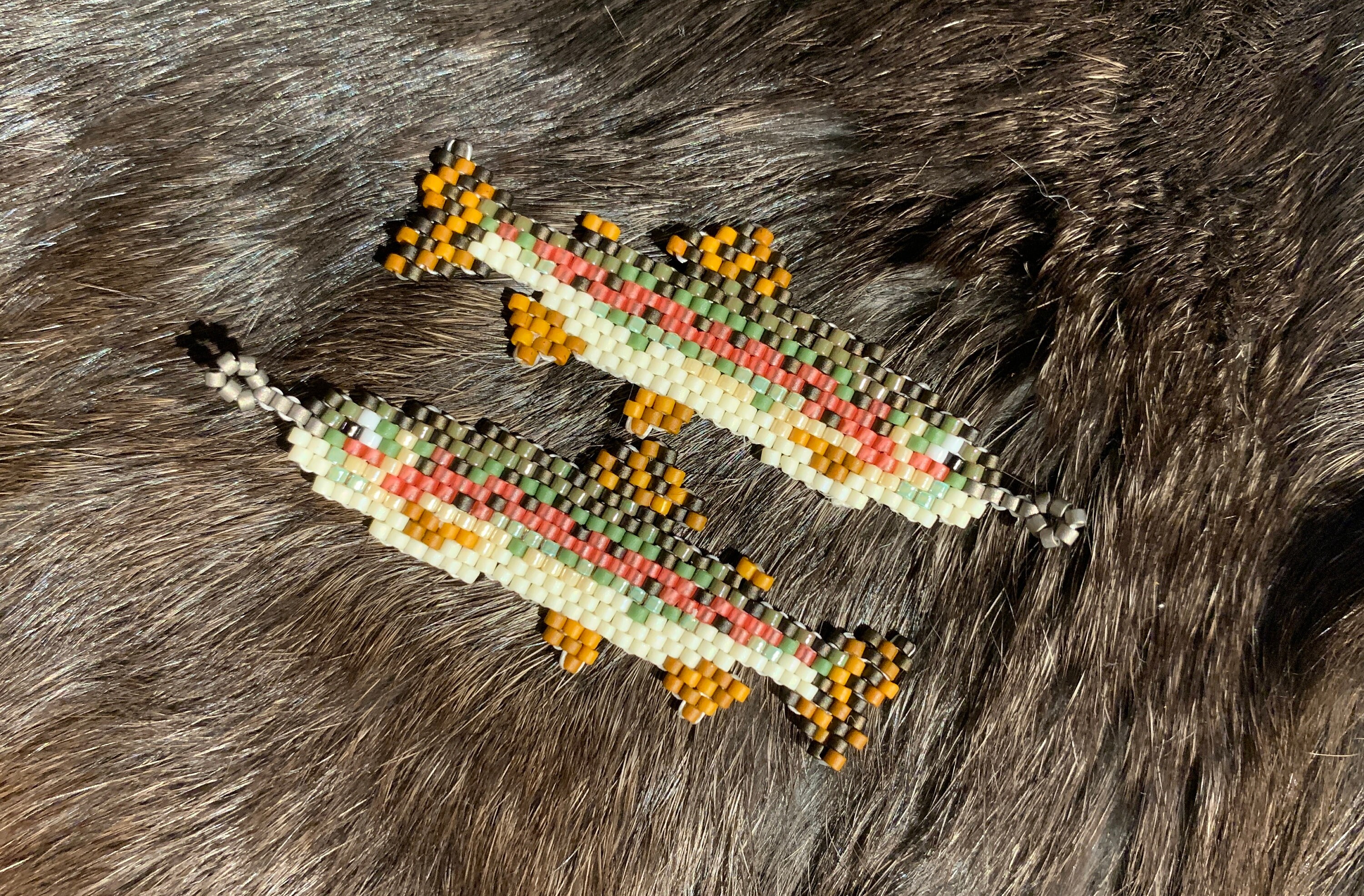 Beaded Rainbow Trout Dangle Earrings Indigenous Art Handmade With